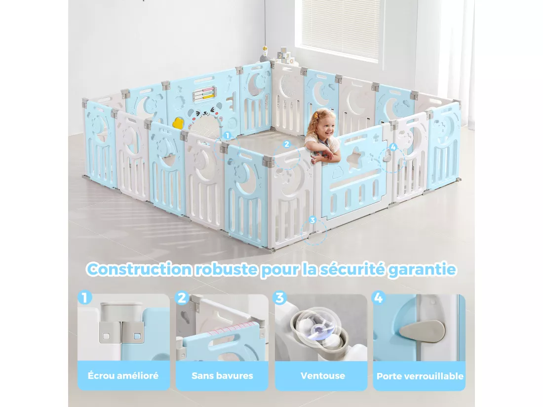 Parc Bébé 16+2 Panneaux,Barrière de Sécurité Portail Parc XXL,Grille de Protection en Plastiqu Ecologiques avec Porte,190x190cm-Bleu