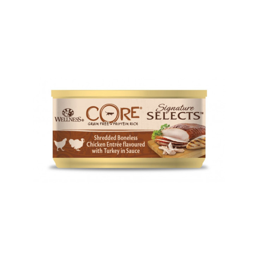 79 g Wellness Core desfiado de frango e pavo lata para gatos