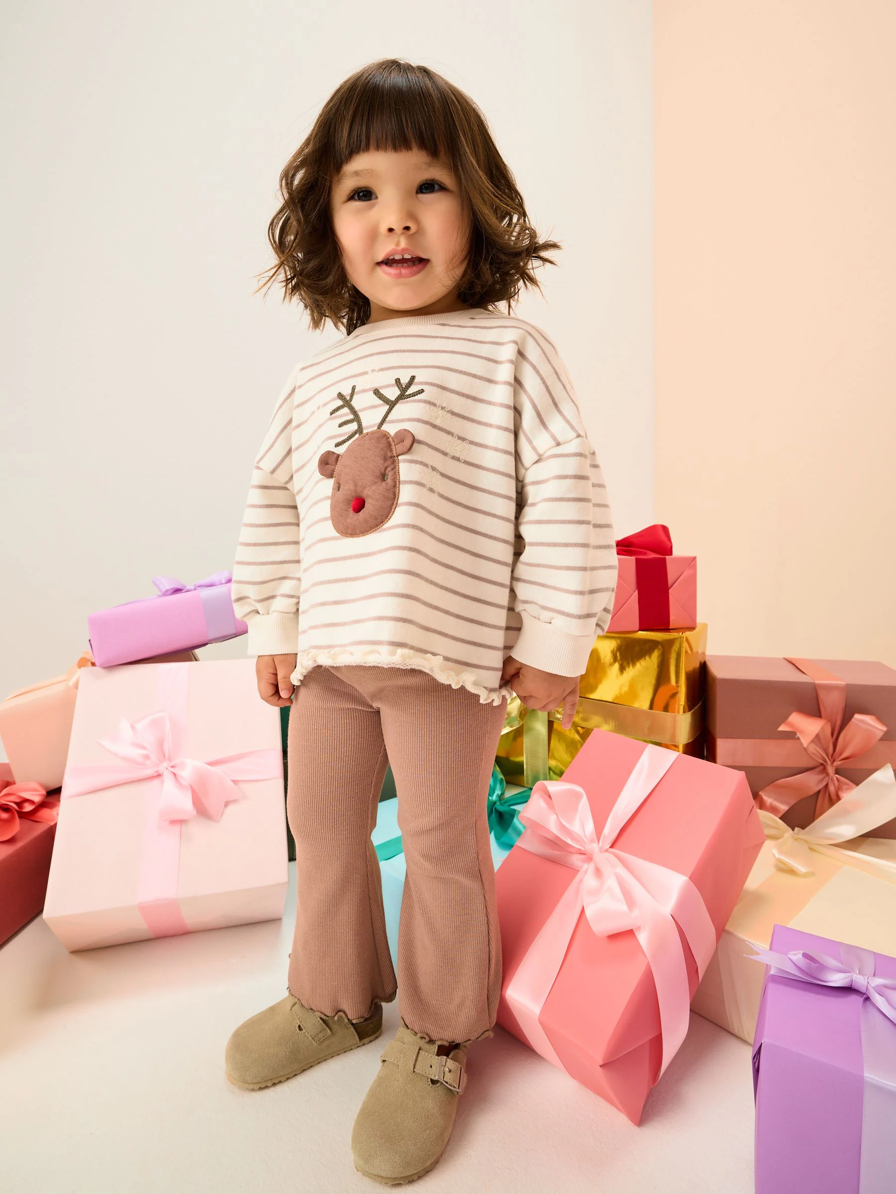 Naturel met rendier - Set met top met lange mouwen en uitlopende broek (3mnd -7jr)
