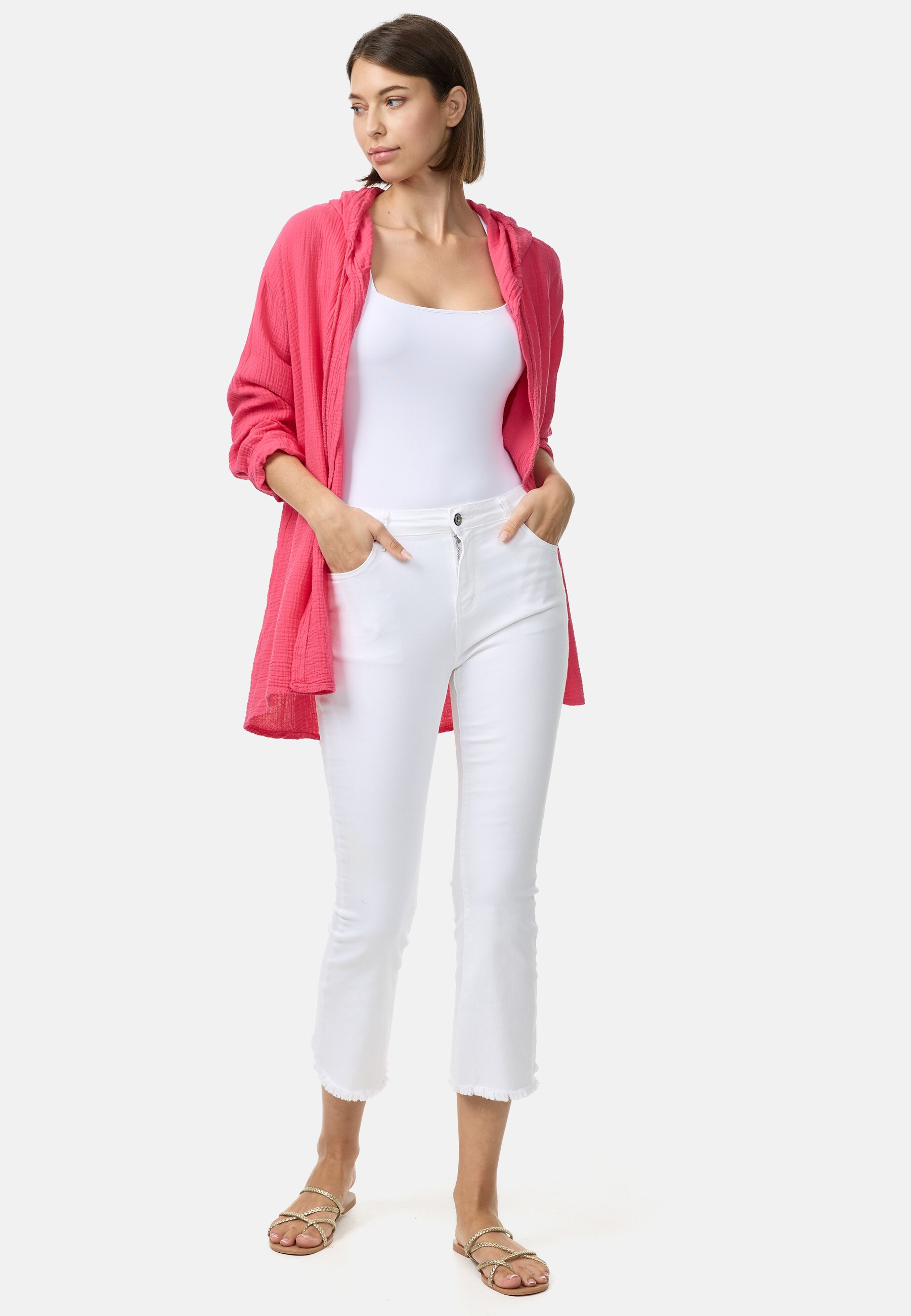 PM SELECTED Damen Blusenjacke Leichte Musselin Kapuzenbluse Jacke in Einheitsgröße PM47