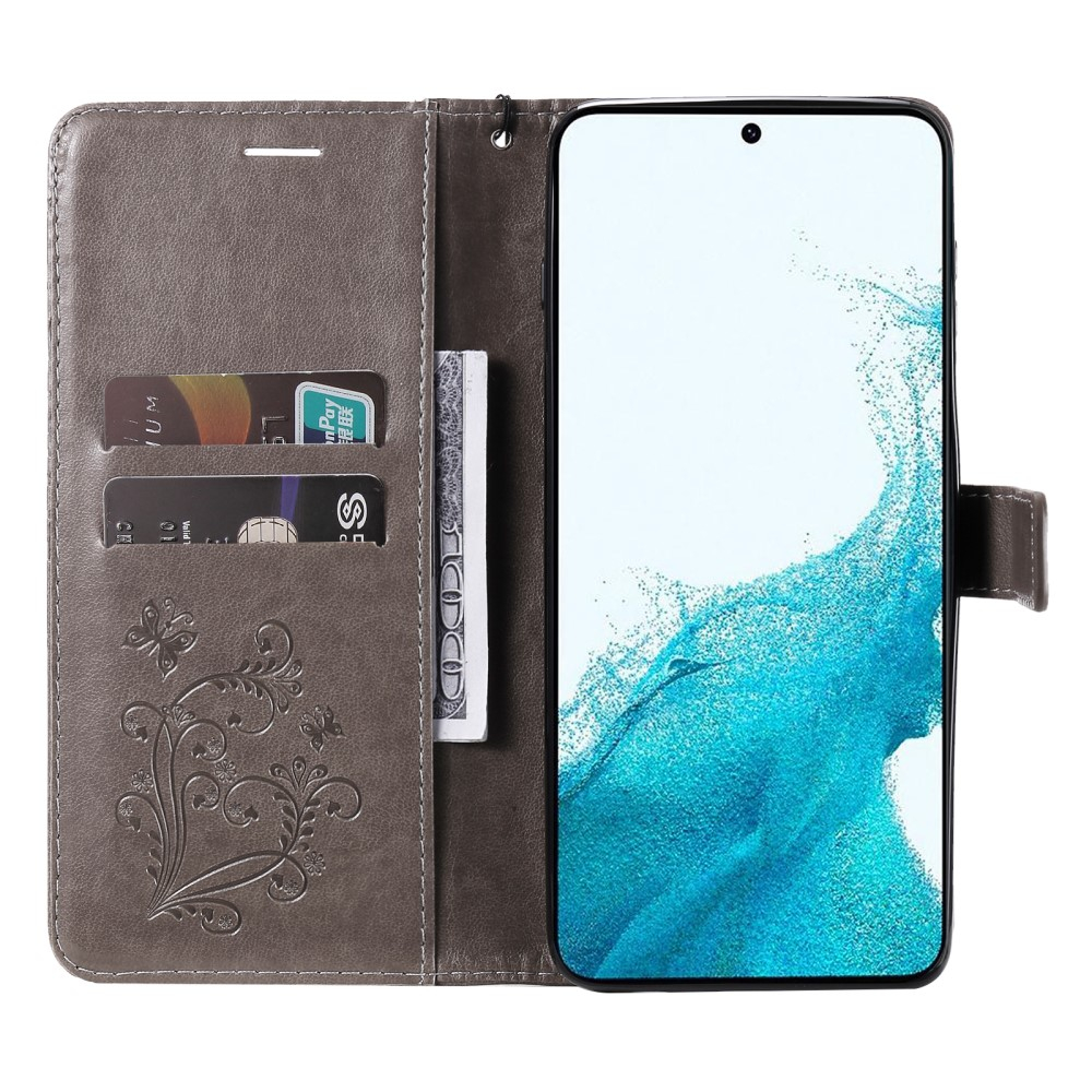 Samsung Galaxy A54 5G Leder Tasche mit Kartenfach   Handschlaufe Schmetterling - Grau