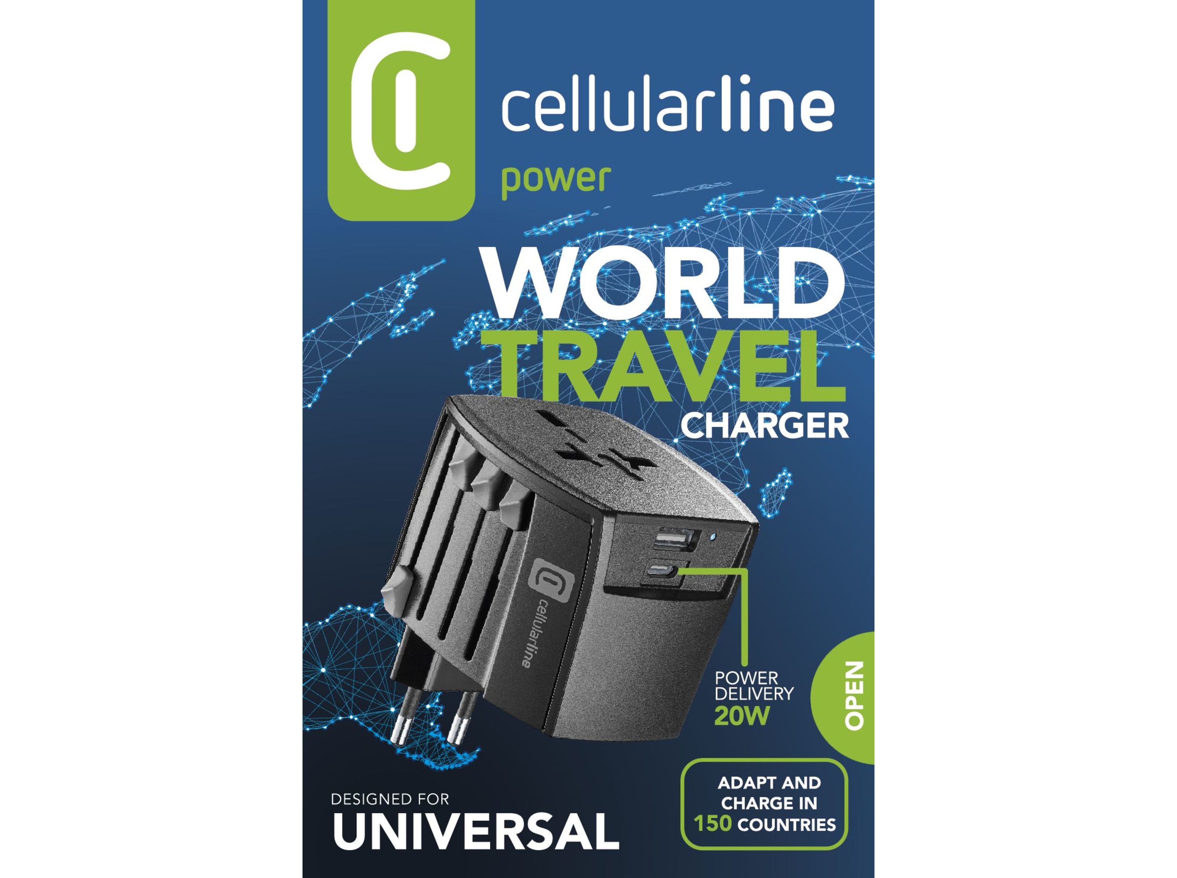 ADAPTADOR DE VIAGEM CELLULARLINE WORLD TRAVEL CHARGER 20W 1X USB-A 1X USB-C