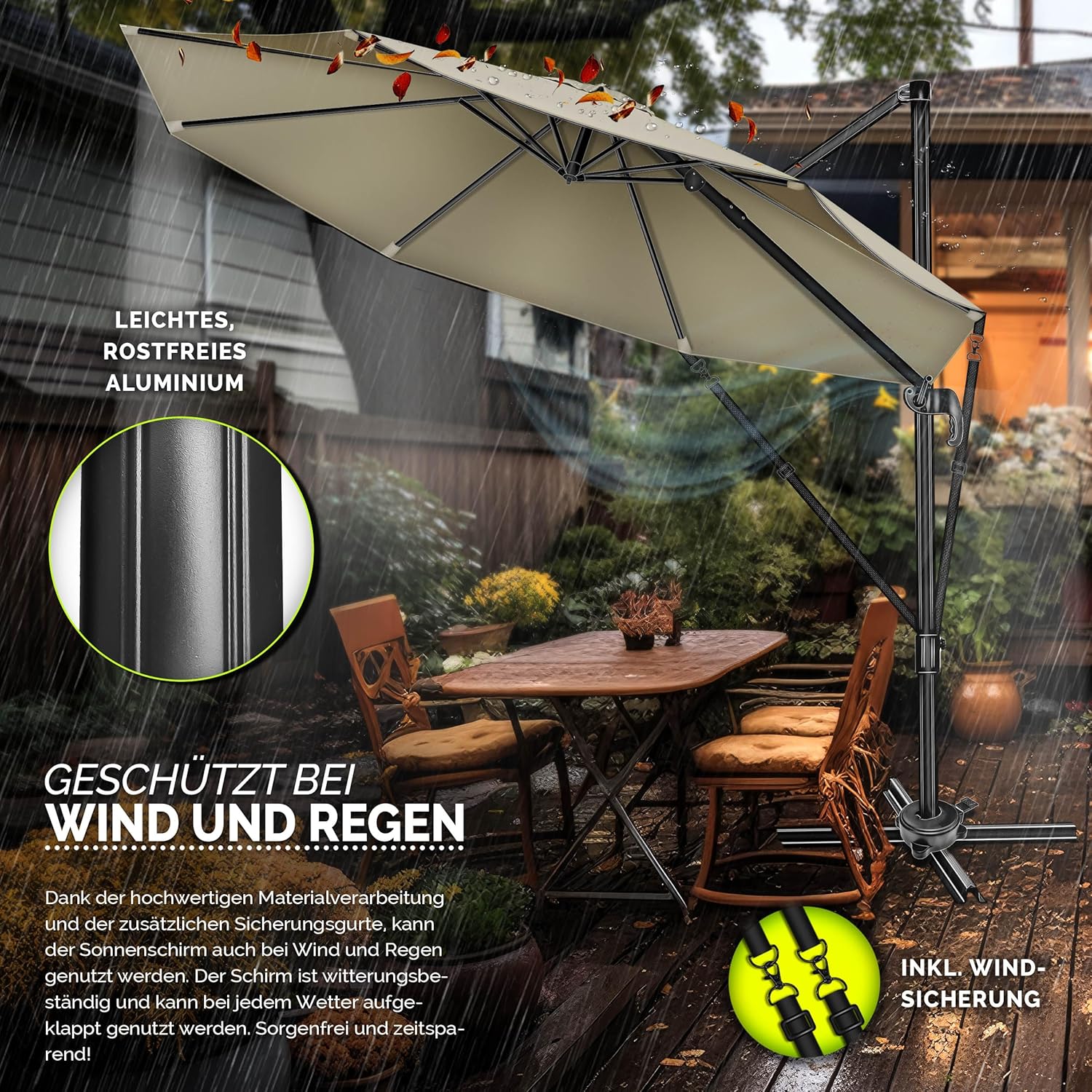 tillvex® Premium Alu Sonnenschirm 330 cm + Abdeckung & Windsicherung | Ampelschirm 6-Fach verstellbar mit Kurbel | Gartenschirm 360° Drehbar Neigbar Kippbar | UV50+ wasserdicht