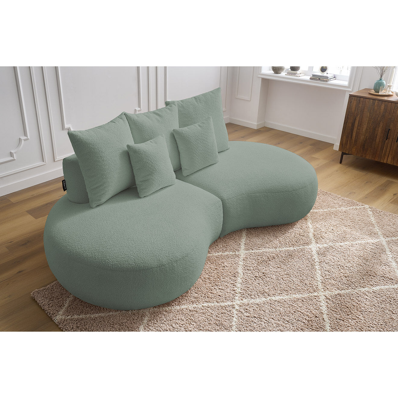 Bobochic Canapé droit fixe 3 places saint-germain tissu bouclette vert - 260x145x92 cm