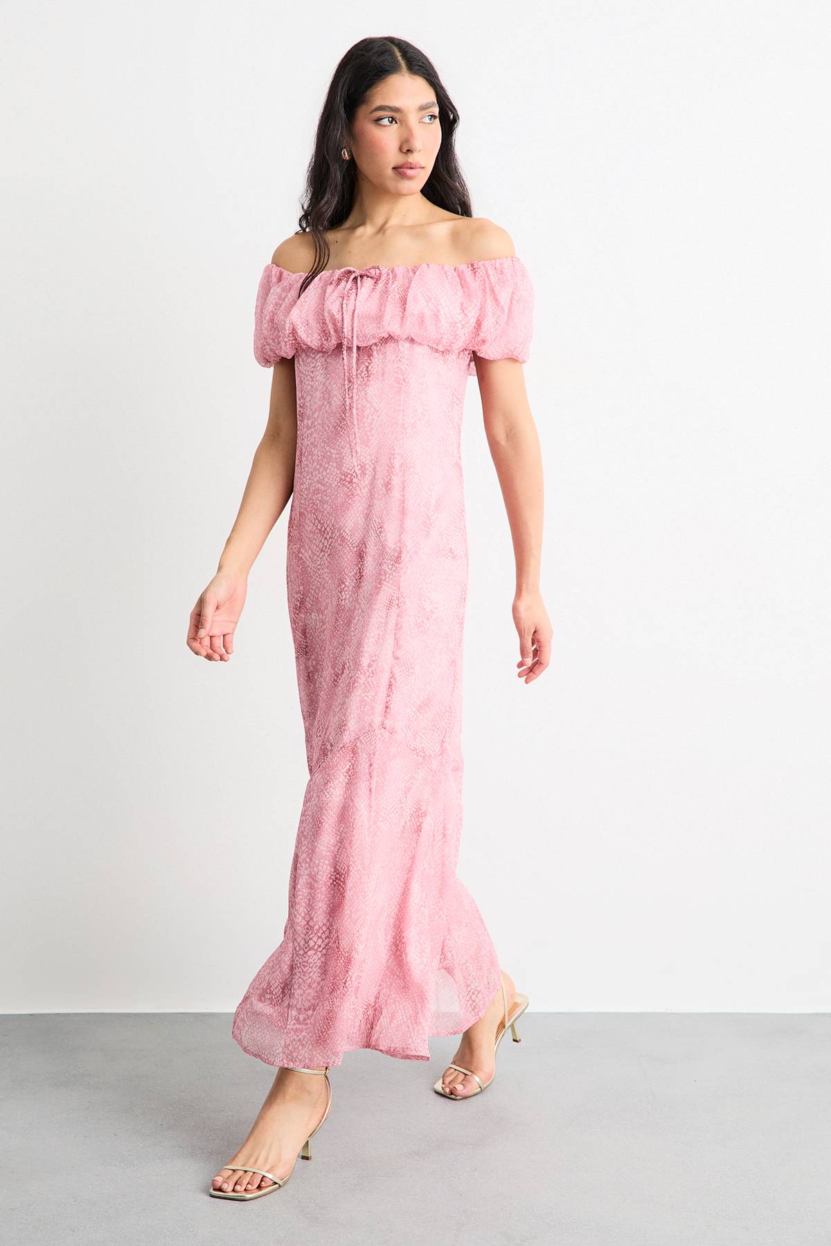 Warehouse Robe Midi en Mousseline Bardot avec Inserts Godets Style Bergère