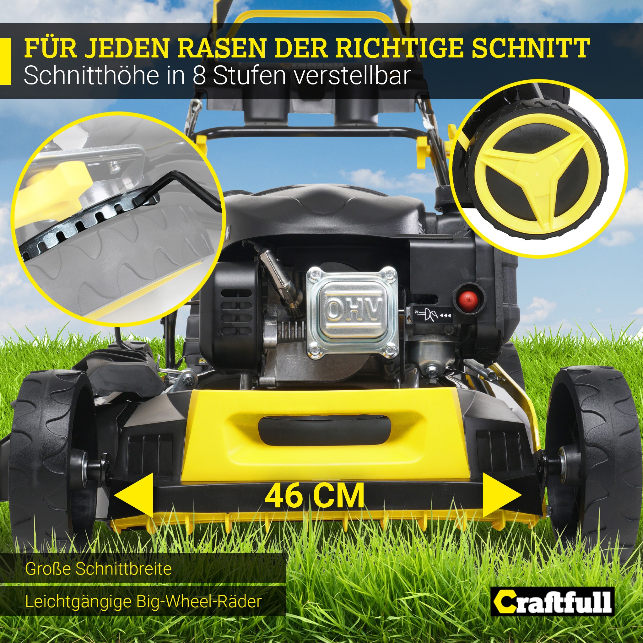 Craftfull Premium Benzin-Rasenmäher CR-139-20, 5in1, GT-Leichtlaufgetriebe, 139-cc-Motor, Easy-Clean