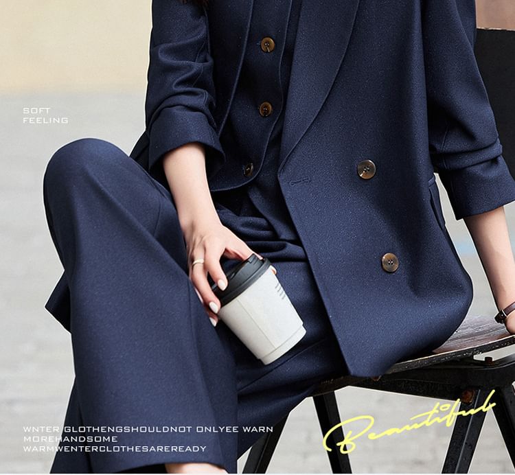 Skyheart - Peak Lapel Plain Double-Breasted Blazer / V-hals Single-Breasted Vest / Hoge Taille Loose Fit Pak Broek / Set