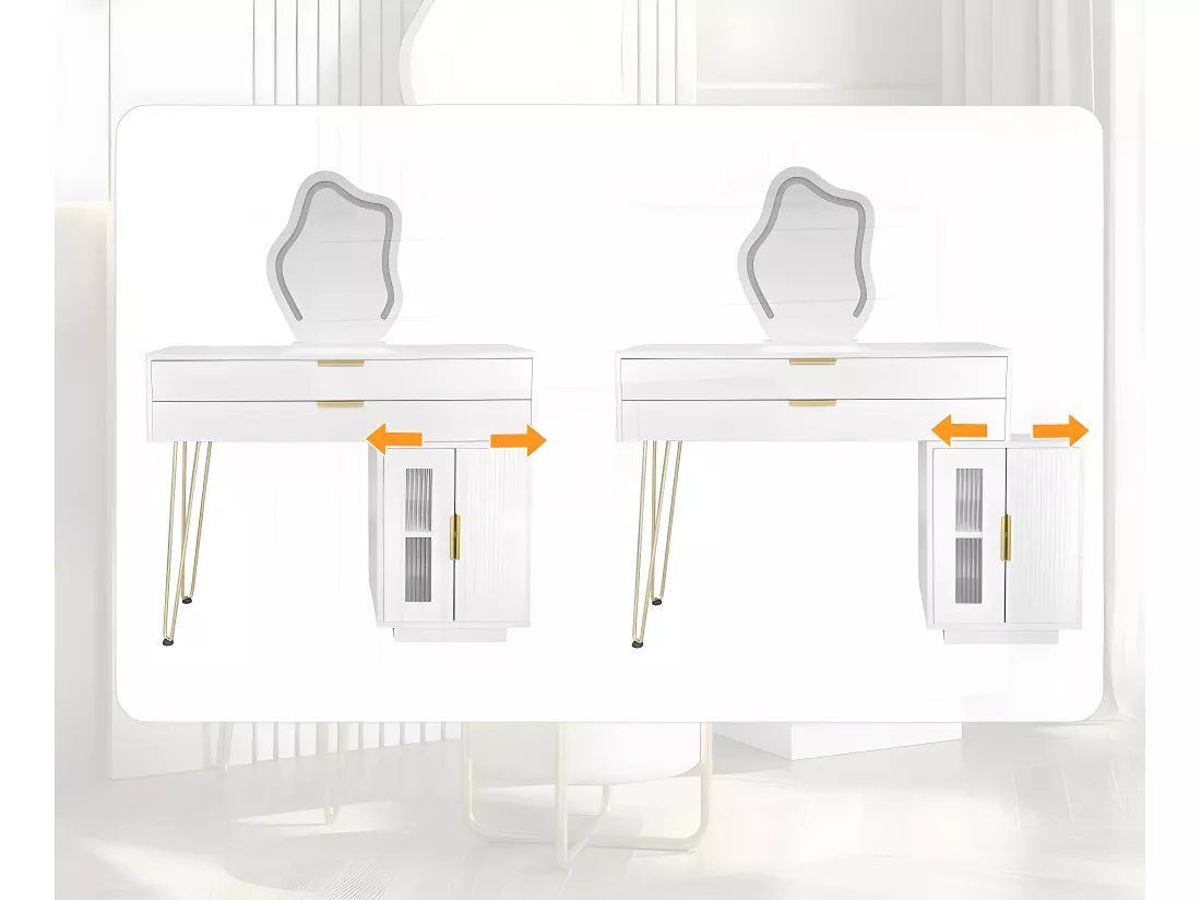 Coiffeuse avec miroir et éclairage LED - 2 tiroirs et une armoire amovible - Blanc (tabouret non inclus)