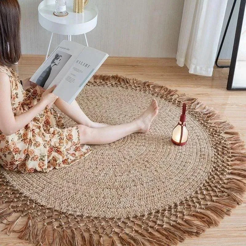 Modern Boho Jute Woven Carpet | Weave Round Rugs Hand Knotted Tassel Carpet
