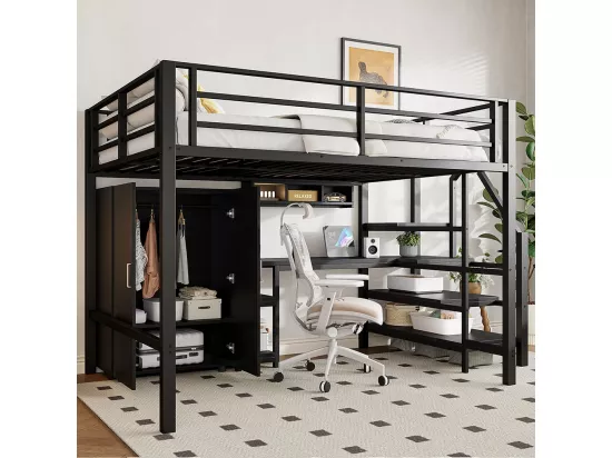 Lit en mezzanine 140*200 cm, armoire, étagères, échelle de rangement, bureau, sans matelas, noir