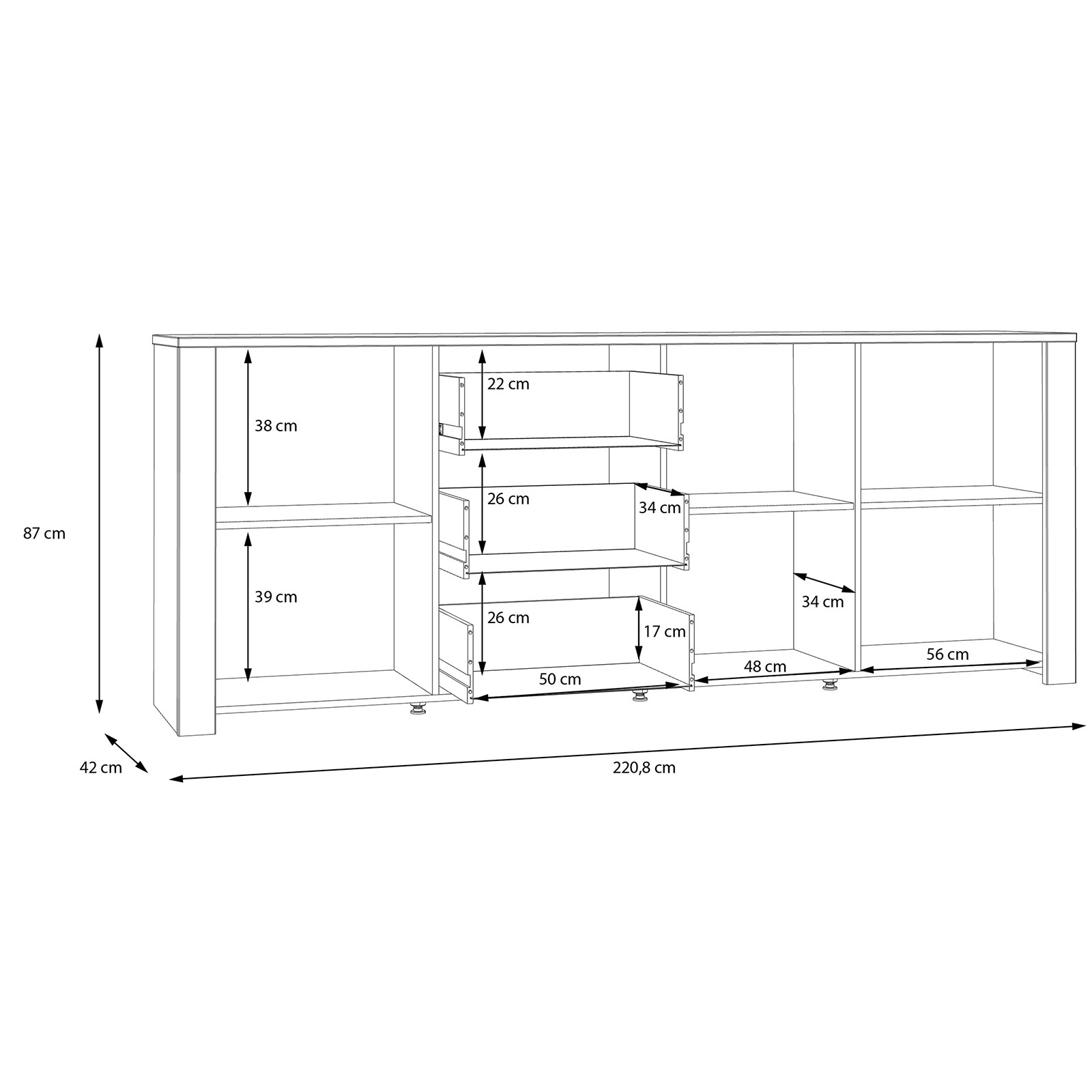 Sideboard - Eiche grau - Riviera Eiche - 221 cm breit