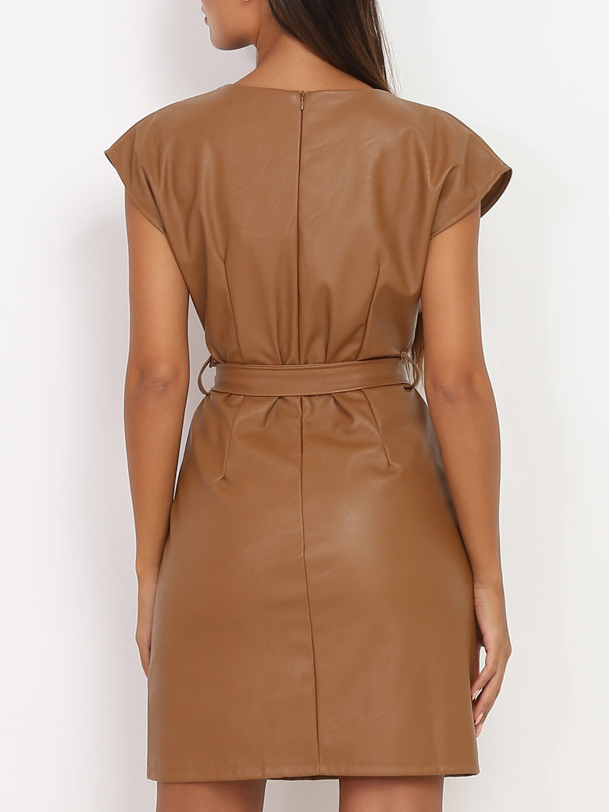 Robe en simili à col fendu- Camel
