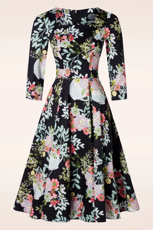 Hearts & Roses Janet Floral swing jurk in zwart en multi