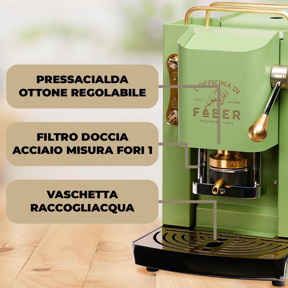FABER COFFEE MACHINES | Modèle Pro Total Inox Deluxe | Machine à café à dosettes ese 44mm | Pressacialda en laiton réglable | électrovanne de série (laiton)
