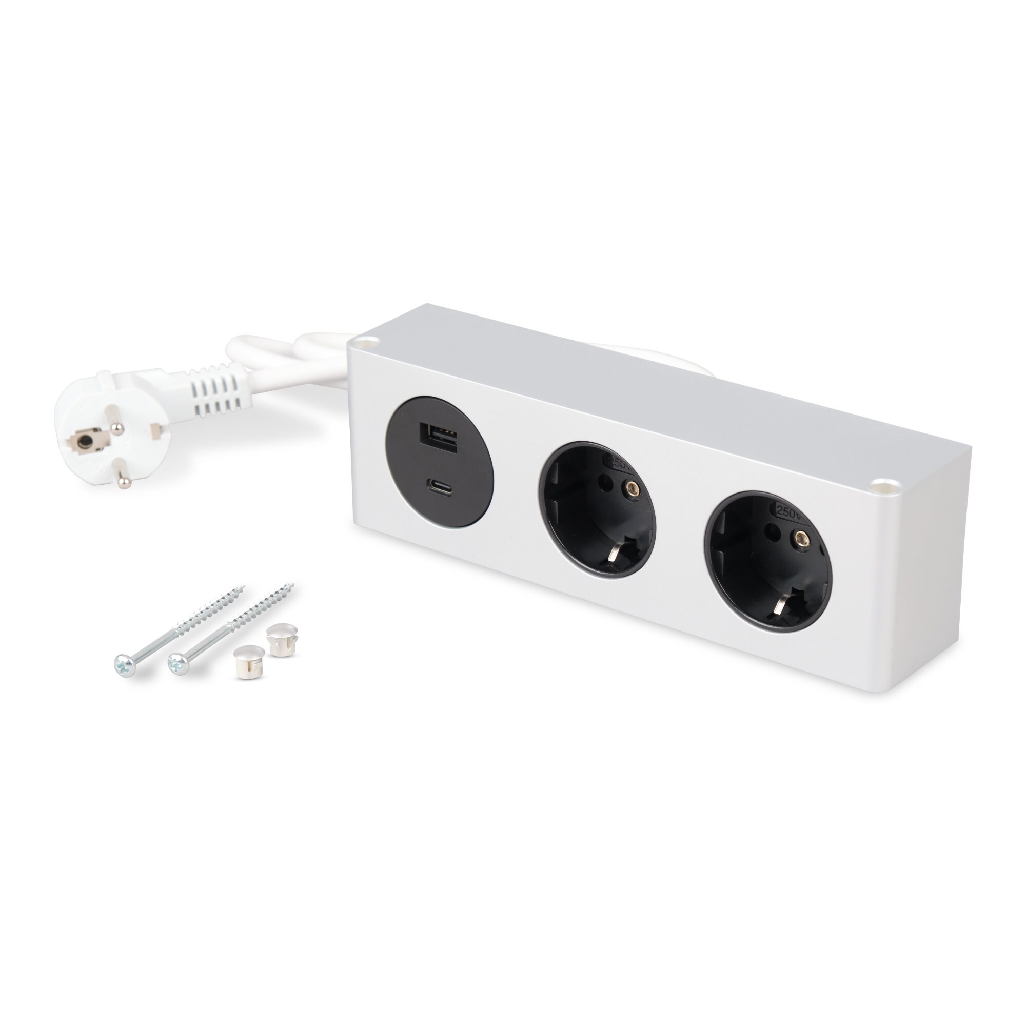 kalb | 3-fach Steckdosenleiste zur Montage, 2x 230V und 2x USB Steckdosen, 200x46x62.5 mm, Anschlusskabel mit Stecker, silber