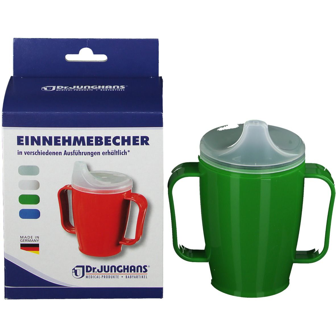 Dr. Junghans® Einnehmebecher mit 2 Griffen und Deckel 12 mm grün