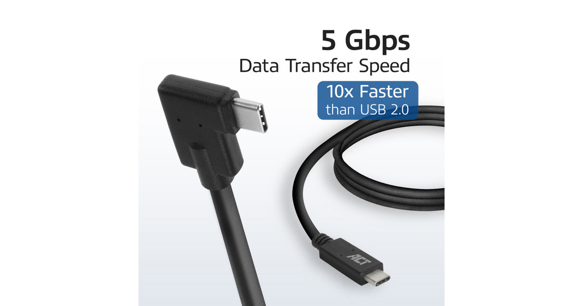ACT ConnectivityUSB 3.2 USB-C (recht) naar USB-C (links/rechts haaks) kabel  (Zwart, 5 Gbit/s, 60W, 1 meter)