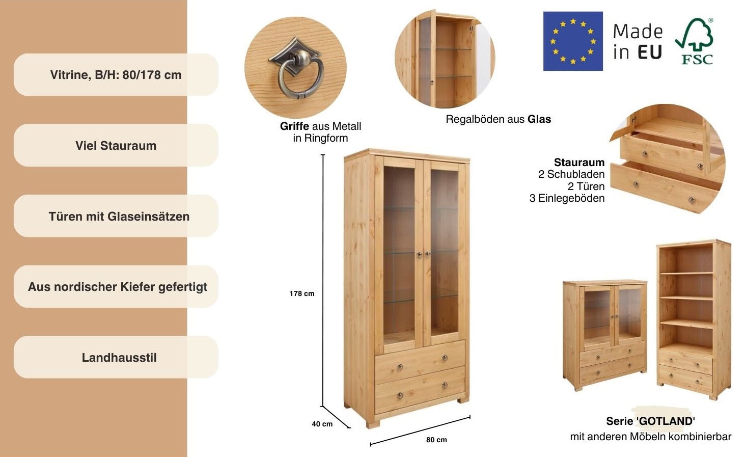 Home affaire Vitrine »Gotland« Breite 80 cm, Höhe 178 cm, mit Glastüren, aus massiver Kiefer, FSC®