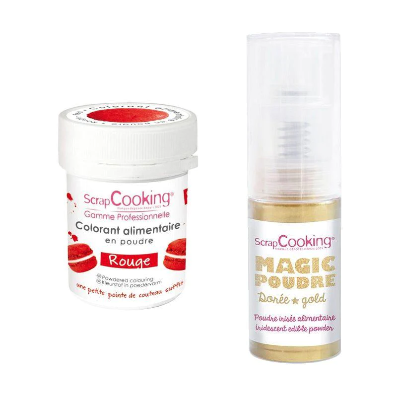Colorant alimentaire Rouge + Poudre alimentaire irisée dorée Scrapcook