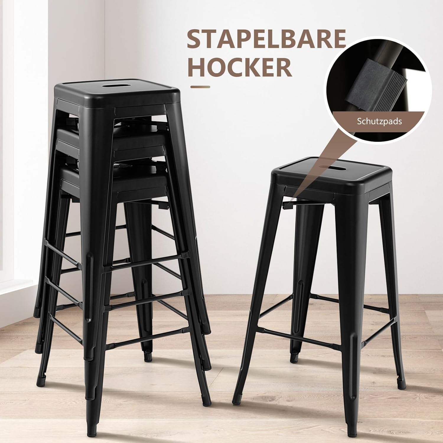 COSTWAY Barhocker 4er Set, Küchenhocker stapelbar, Tresenhocker mit Fußstütze, Bistrohocker bis 150kg belastbar, Sitzhocker, Hocker für Zuhause, Bistro und Esszimmer (Schwarz, Sitzhöhe 76cm)
