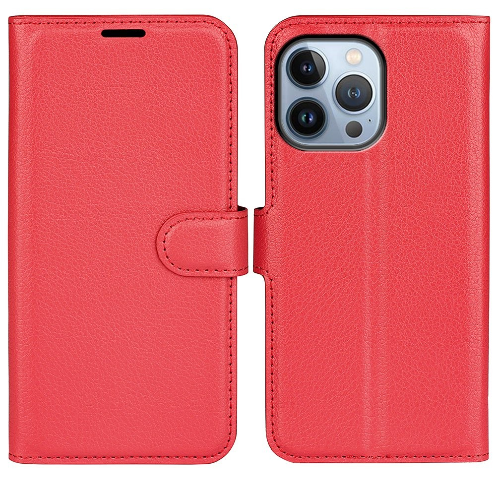 iPhone 14 Pro Leder Tasche Flip Cover Litchi Look - Rot