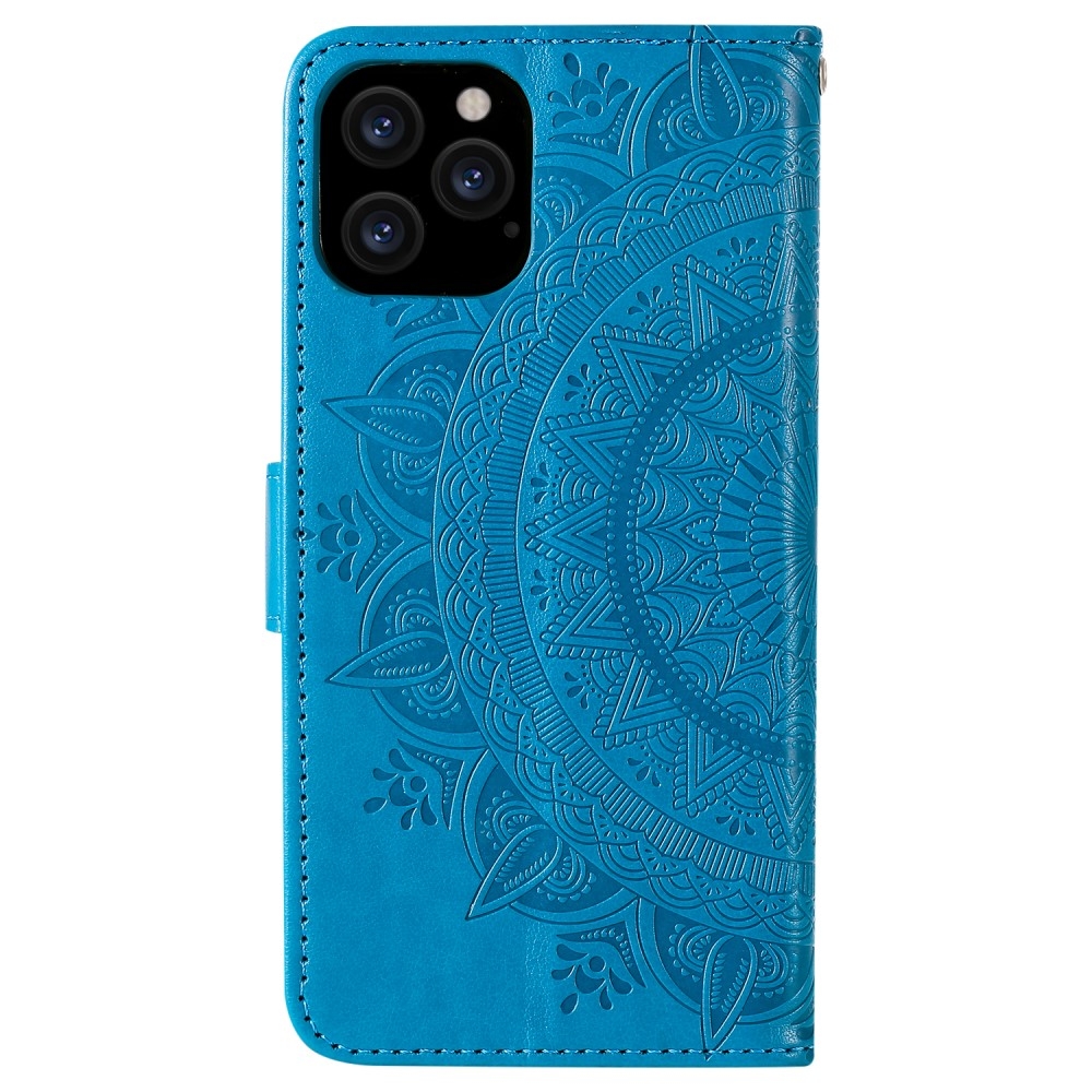 iPhone 12 / iPhone 12 Pro Leder Tasche Wallet - Mandala Flowers Imprint - Blau