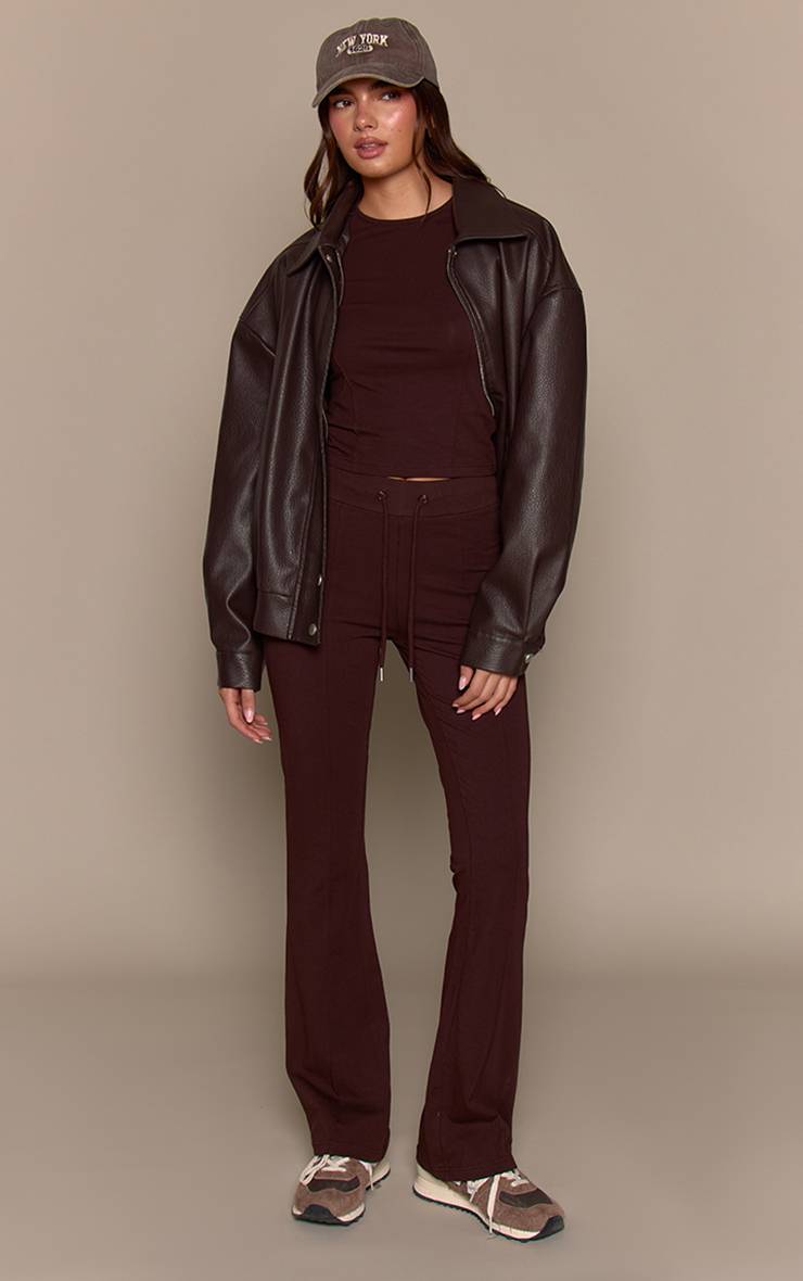 Marron Foncé Pantalon Évasé Skinny Taille Mi-haute En Coton Avec Détails De Coutures Coordonné