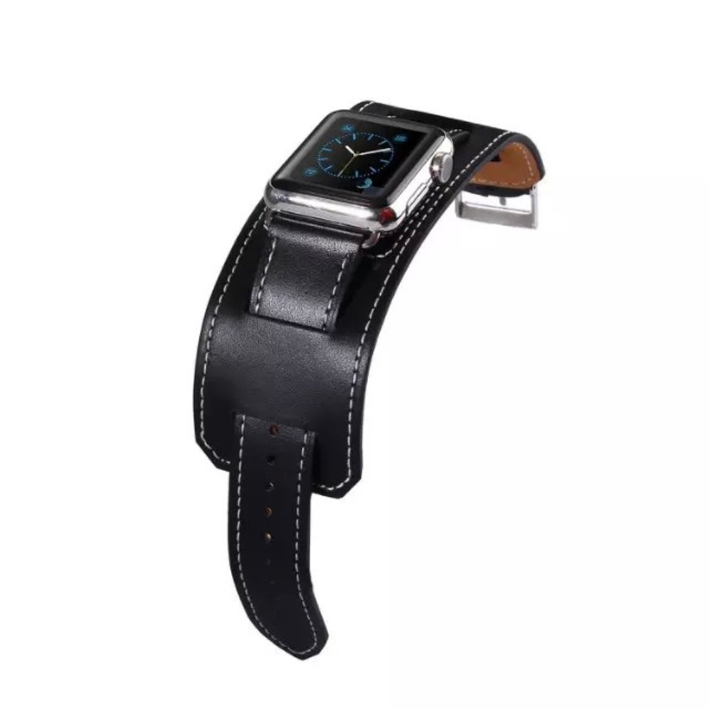 Apple Watch (49/46/45/44 mm) Modisches Manschetten Ersatz Echtleder Armband - Schwarz