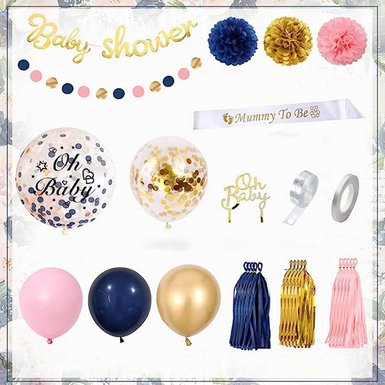 (53-tlg. Set) Baby Shower Party Luftballons / Pompon's / Kuchenstecker / Schärpe / Girlanden Deko Gender Reveal / Geburt - Rosa / Blau / Gold