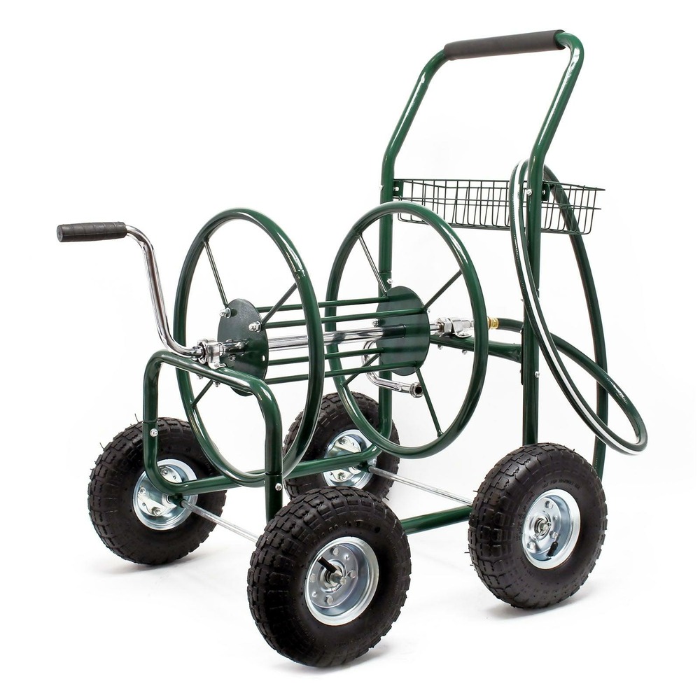Chariot de tuyau 16mm tuyau d’arrosage 76m raccord de 19mm 4 roues dévidoir