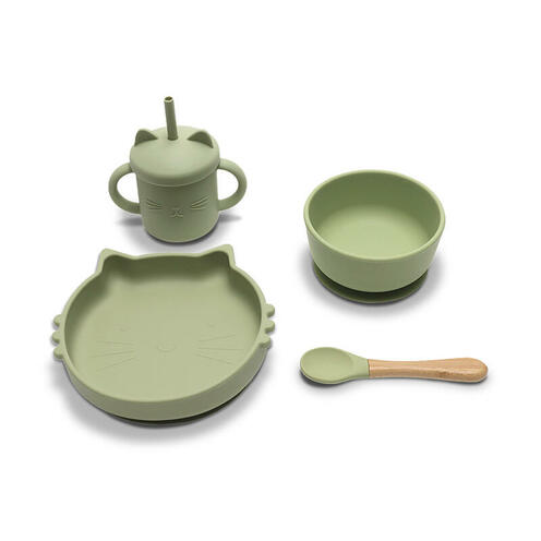 Set 4 pièces silicones avec bol + assiette + tasse et cuillère VERT - LORELLI