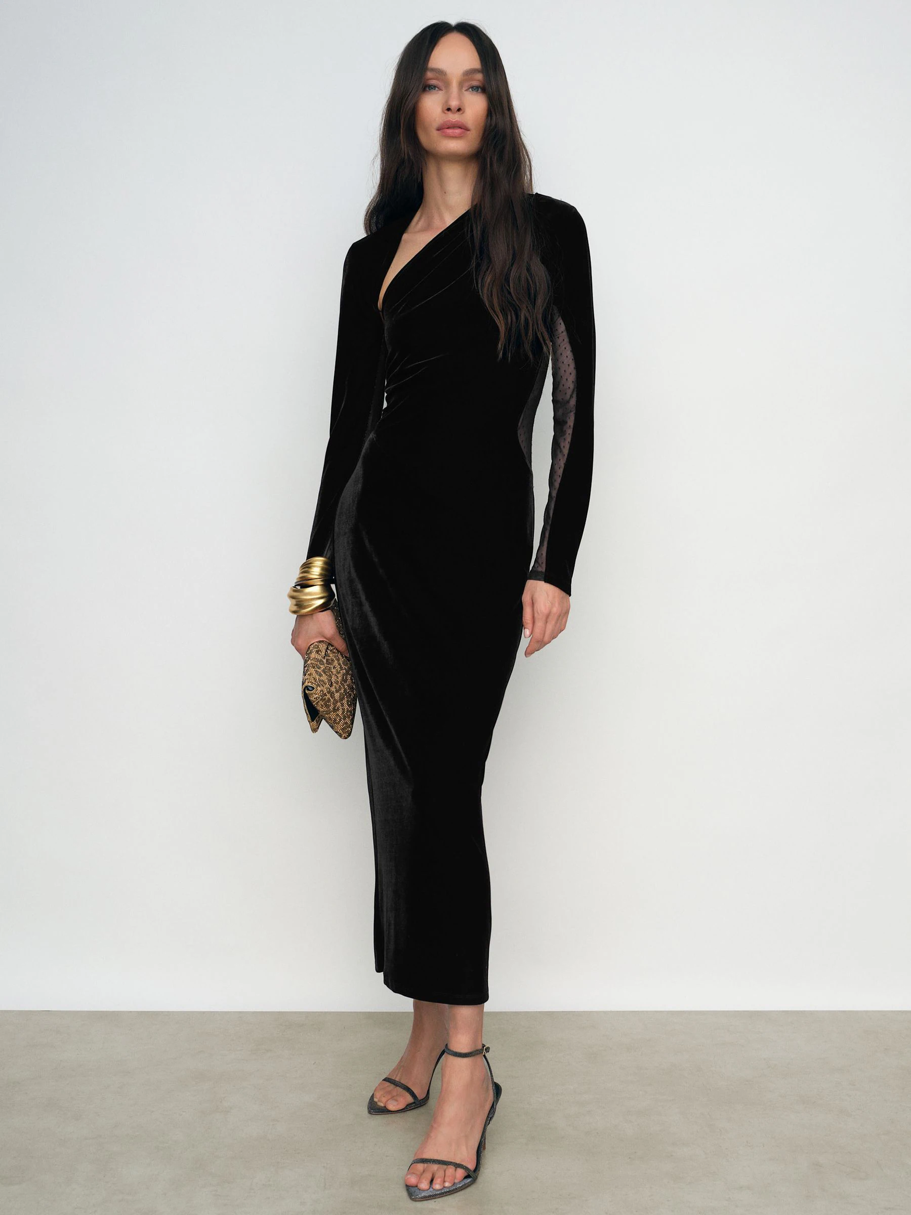 Reiss Kass Velvet Sheer-Panel Cut-Out Midi Dress