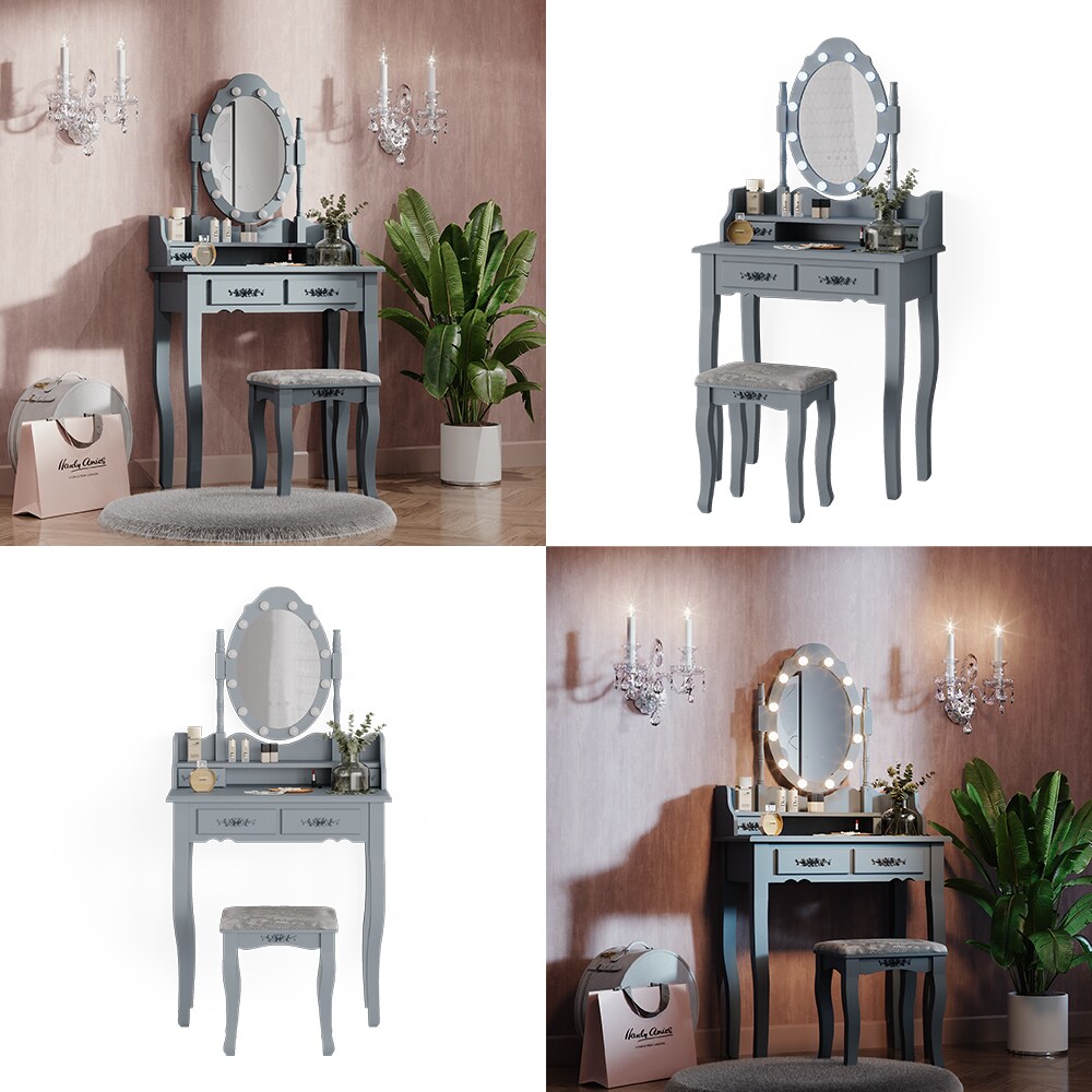Vicco Schminktisch Frisiertisch Kosmetiktisch Maggie Grau Schminkspiegel Hocker 75x147 Barock LED Beleuchtung Schlafzimmerkommode Schminkkommode Schublade Aufbewahrung Frisierkommode Make-Up-Tisch