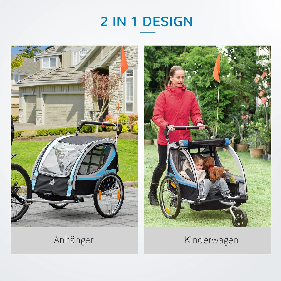 HOMCOM Kinderfahrradanhänger mit Aufbewahrungstasche blau, grau, schwarz, silber