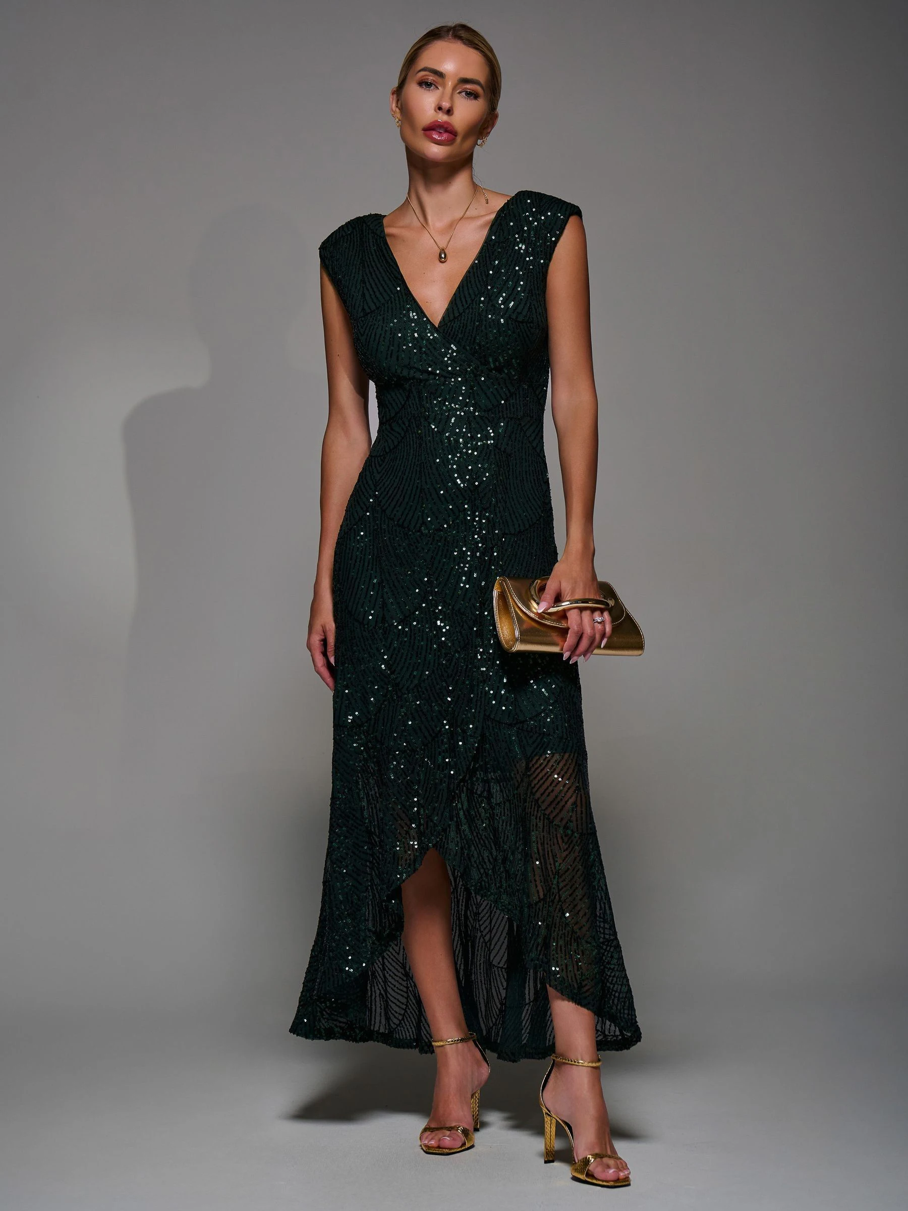 Donkergroen - Jolie Moi Sequin Asymmetric Ruffle Hem Maxi Dress