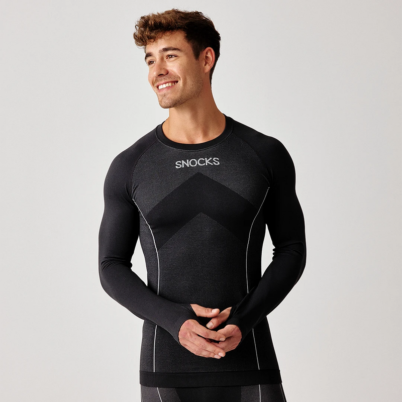 Thermounterwäsche Herren mit Daumenloch aus recyceltem Polyester Schwarz