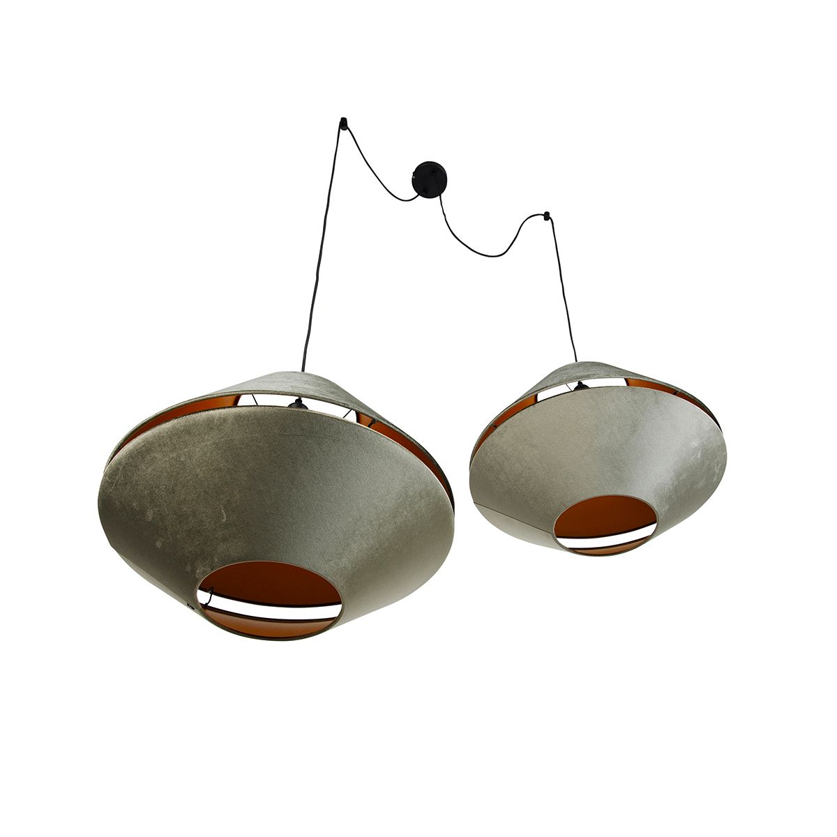 Hanglamp zwart met dubbele velours lampenkap groen met gouden binnenkant 2-lichts - Cava Luxe