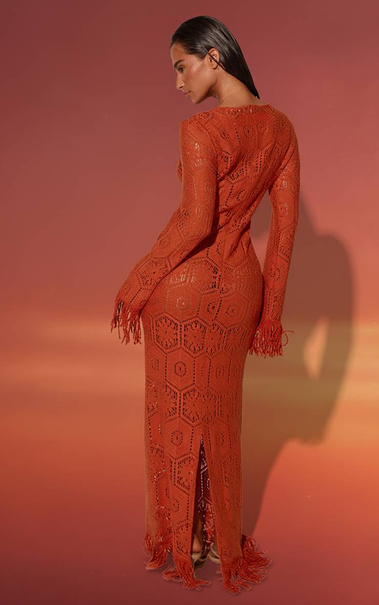 Rouille Robe De Plage Maxi À Ourlet À Pompons En Crochet
