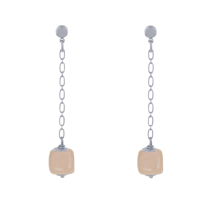 Boucles d'Oreilles Chainette Laiton Argenté et Cube en Céramique