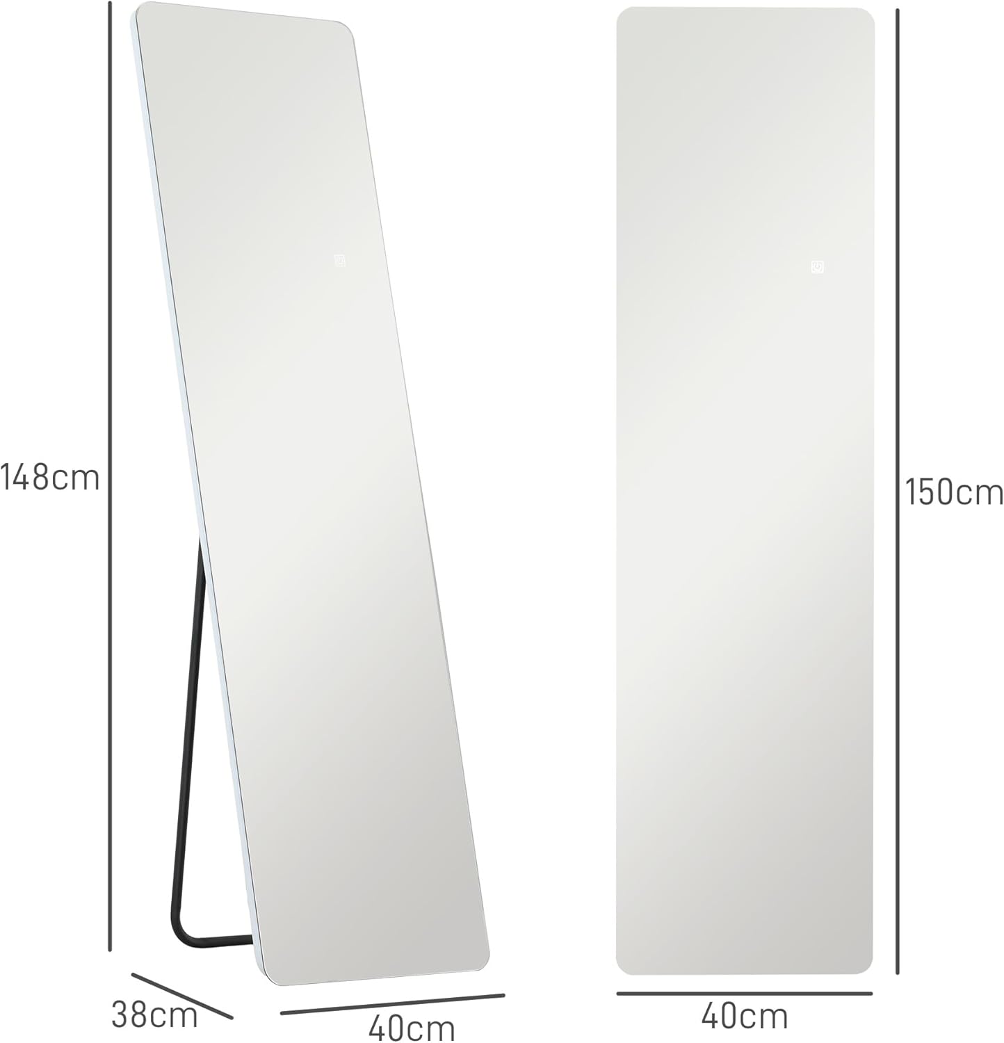 HOMCOM Ganzkörperspiegel mit LED-Beleuchtung, 150 x 40 cm Standspiegel mit 3 Lichtfarben, Wandspiegel mit Ständer, Touch-Schalter bruchsicheres Glas, Bodenspiegel für Schlafzimmer