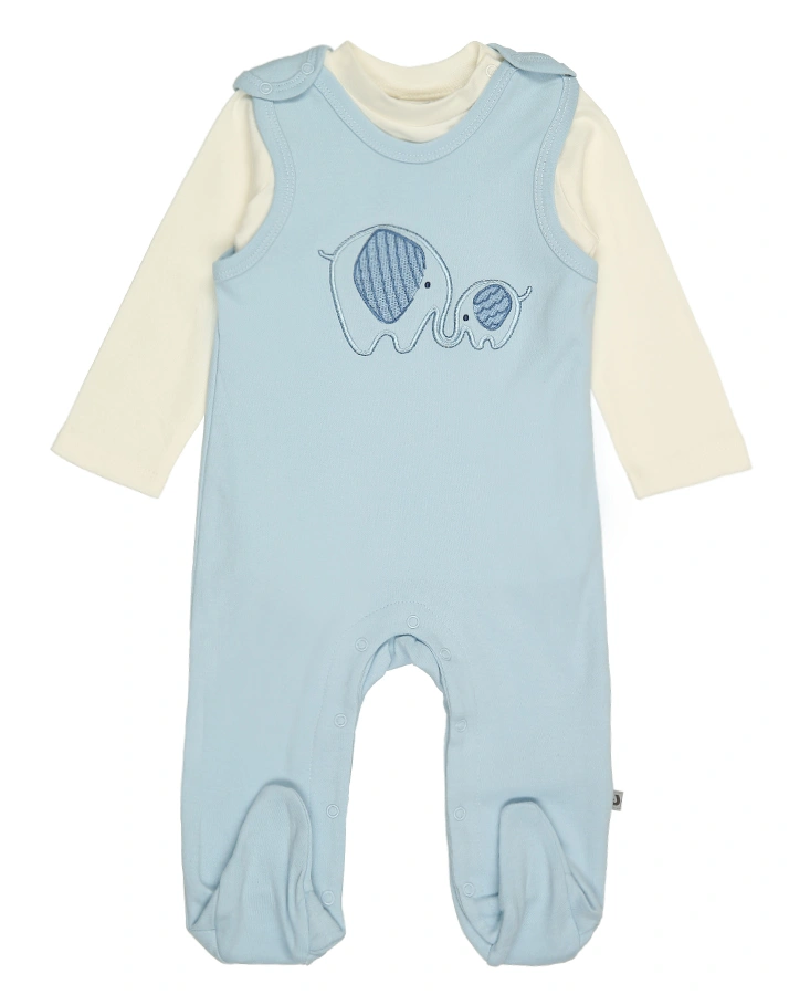 Strampler ELEFANTEN mit Langarmshirt in hellblau/weiß