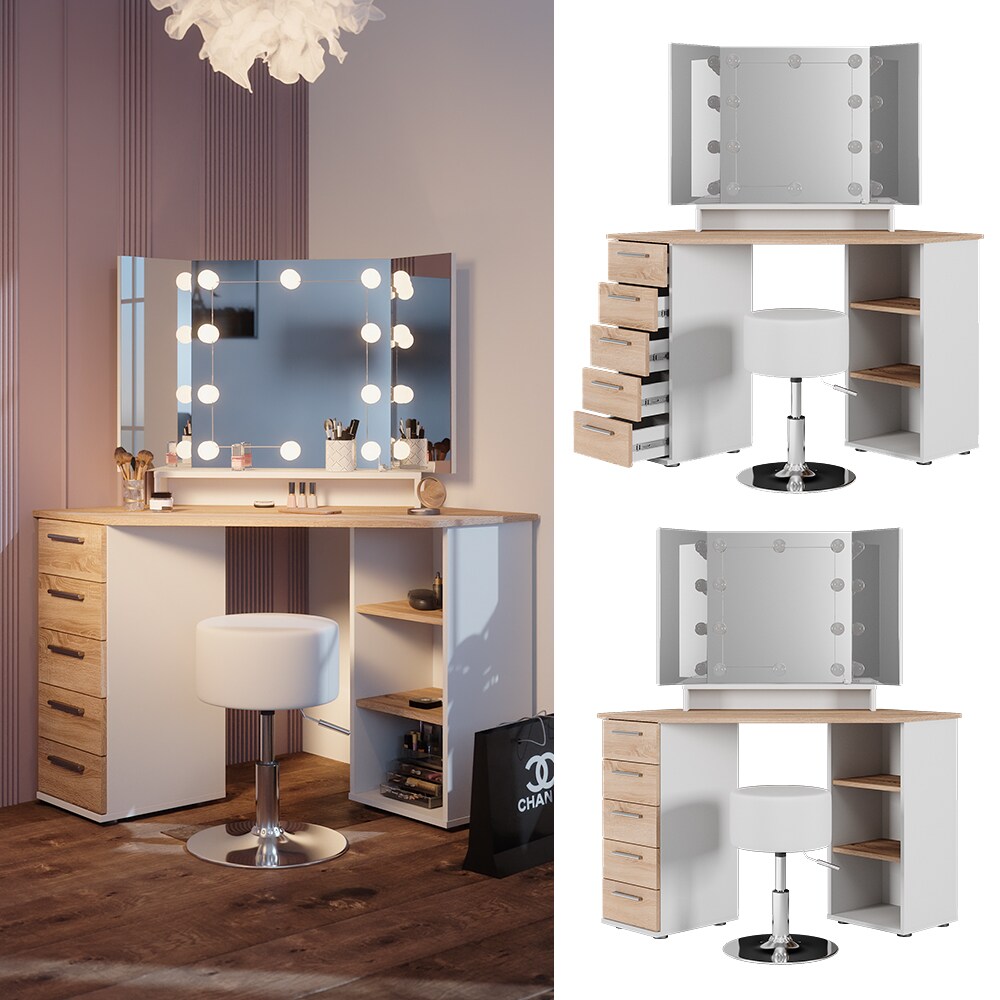 Vicco Eckschminktisch Frisiertisch Frisierkommode Sofia Weiß Sonoma Spiegel LED Hocker 128x142 cm modern Ablage