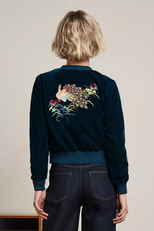 King Louie Bessie Gamine Velvet Bomber jasje in vijverblauw