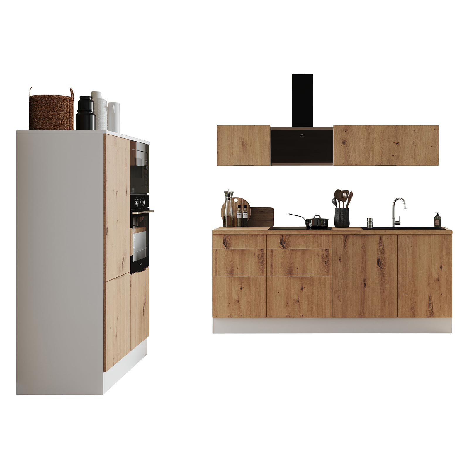 RESPEKTA Küchenblock - Artisan Eiche - weiß matt - mit E-Geräten - 340 cm
