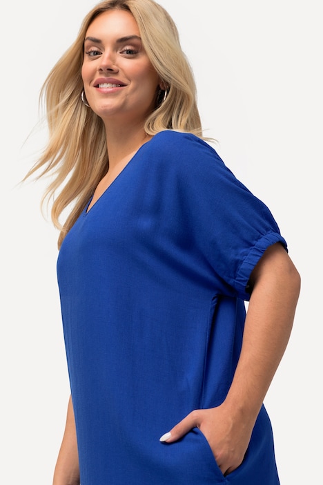 Kleid, Leinenmix, Oversized, V-Ausschnitt, Halbarm
