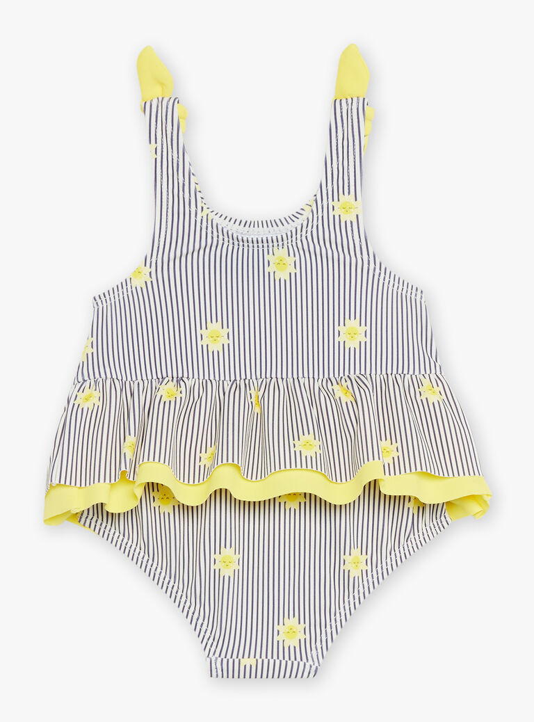 Maillot de bain 1 pièce bleu marine et jaune à imprimé à rayures et soleils