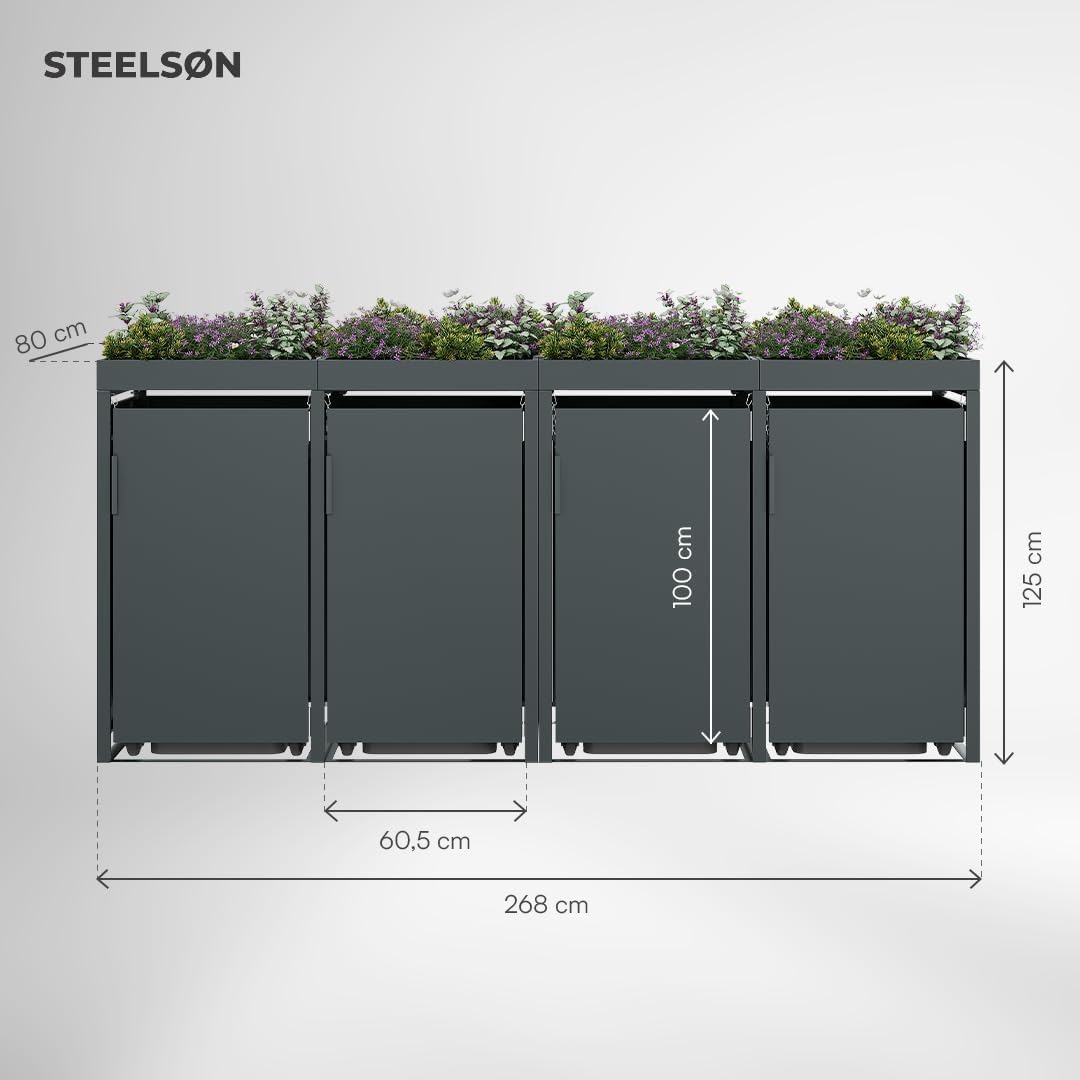 STEELSØN Thoria Mülltonnenbox 4er bis 240L mit Pflanzendach – Mülltonnenverkleidung aus Stahl für 4 Tonnen – Müllcontainer in Anthrazit – Müllbox mit Pflanzenkasten – Gerätebox 125x80x268 cm (HxTxB)