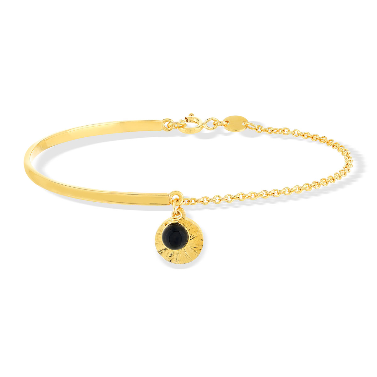 Bracelet plaqué or semi-rigide médaille martelé et pampille onyx TD 19 cm