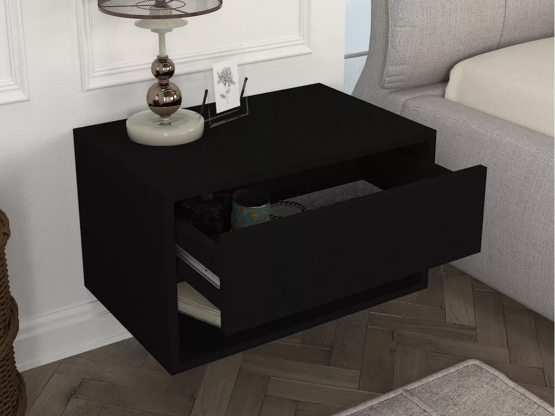 Lot de 2 tables de chevet suspendues - 1 tiroir et 1 niche - Noir - RITAMI