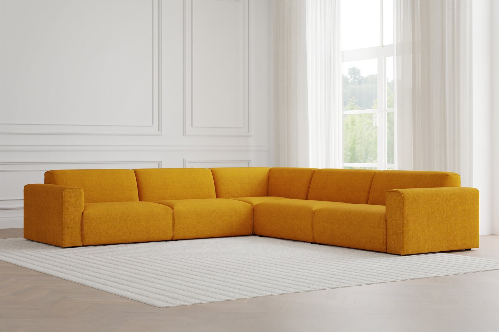 Monaco hjørnesofa 33 hjørnesofa. Tekstil Fjord 9 Amber med sorte ben. Std komfort.